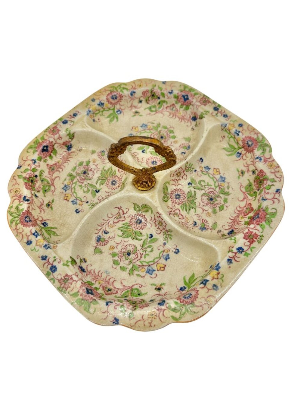 Vintage Japanese Handled Divided Serving Dish Floral Ceramic Plate 9 Inches